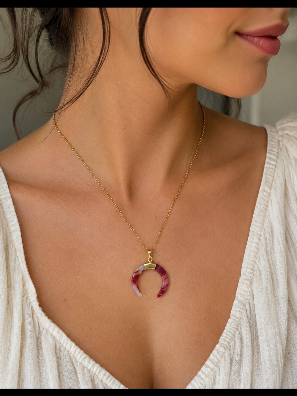 Horn Pendant White and red swirls art glass pendant